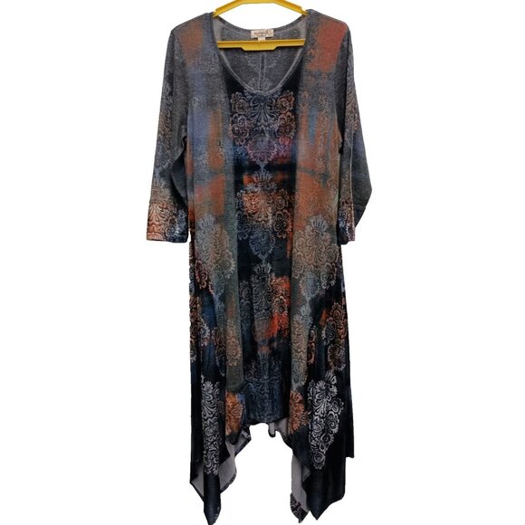 One World Womens BOHO Whimsygoth Artsy Dress Small Dark Floral Velvet Asymmetric - Picture 1 of 9